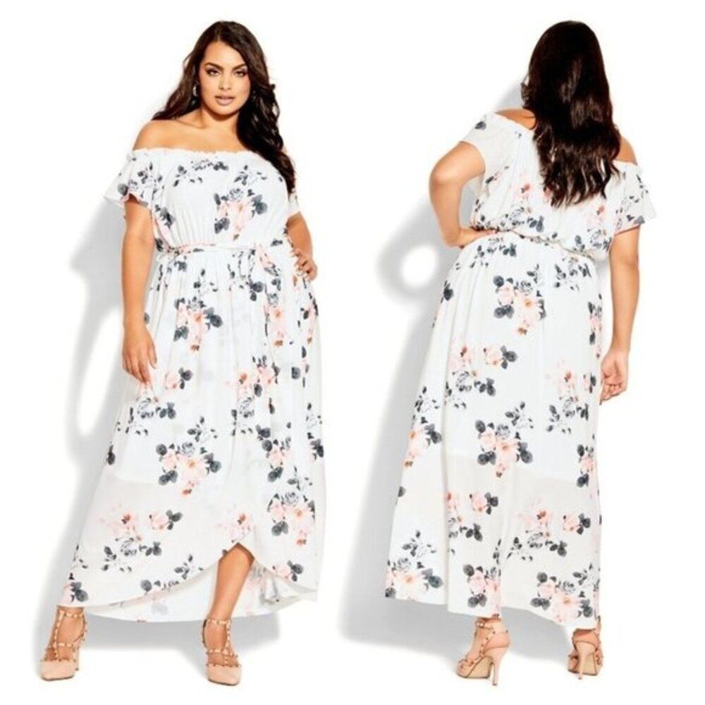 City Chic Women's Plus Size Floral Print Off Shoulder Maxi Dress New